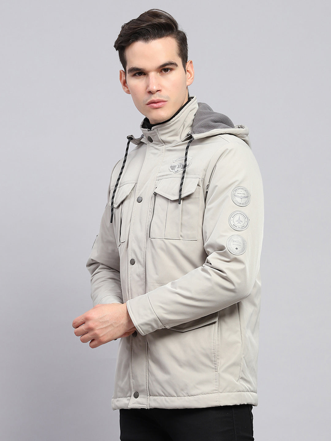 Men Grey Solid Detachable Hood Full Sleeve Jacket
