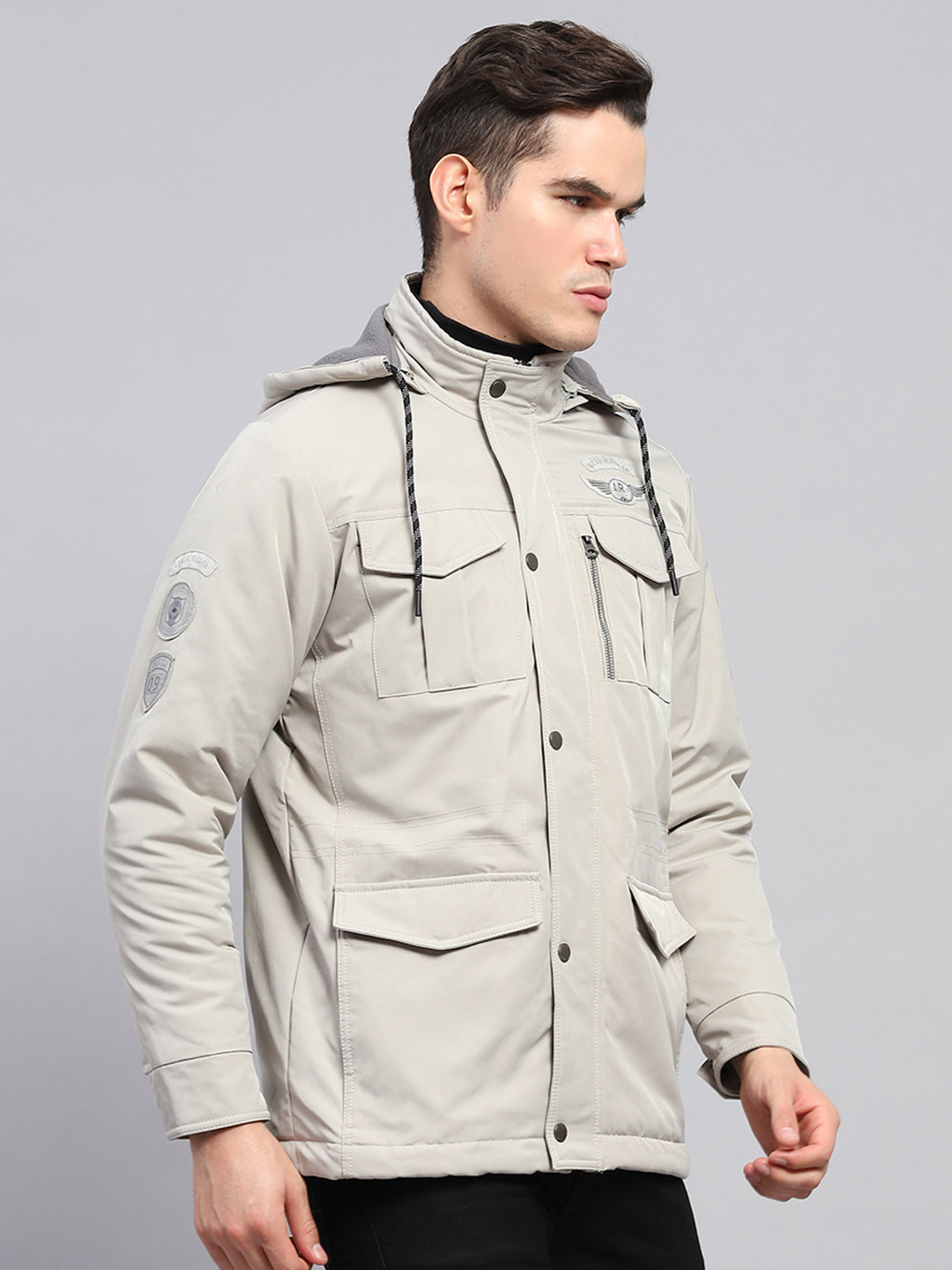 Men Grey Solid Detachable Hood Full Sleeve Jacket