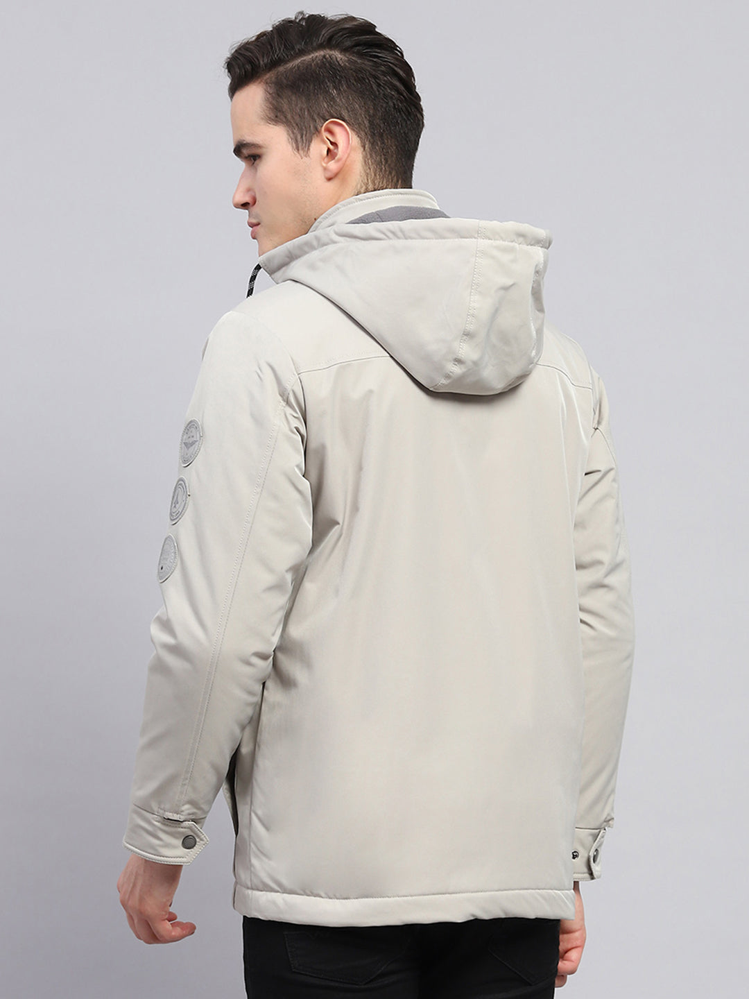 Men Grey Solid Detachable Hood Full Sleeve Jacket