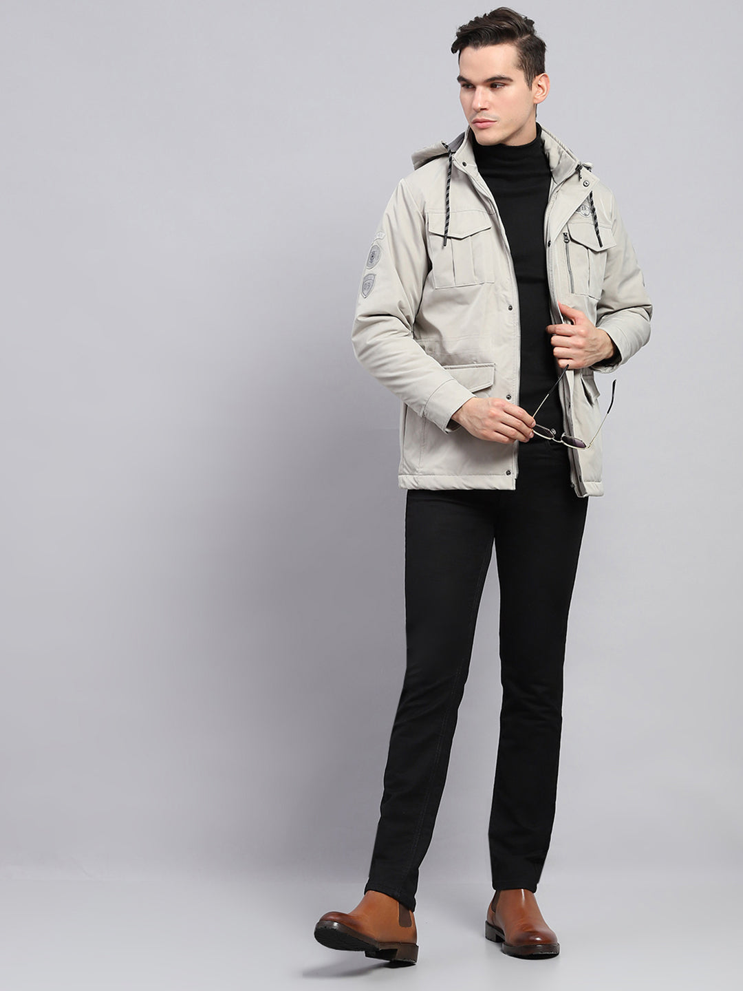 Men Grey Solid Detachable Hood Full Sleeve Jacket