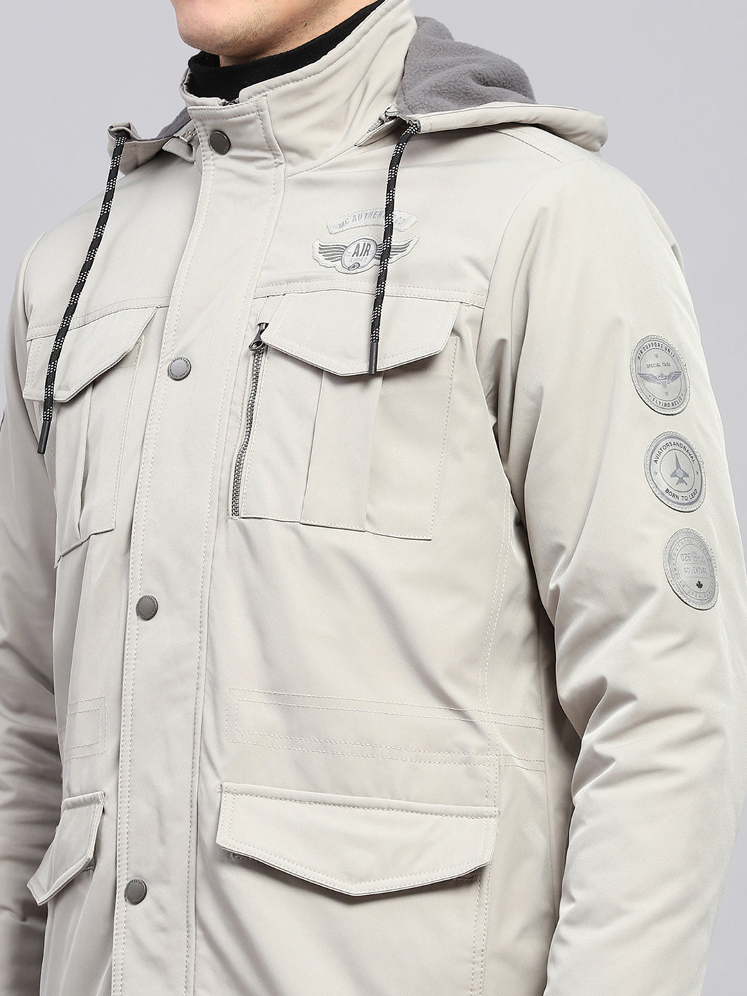 Men Grey Solid Detachable Hood Full Sleeve Jacket