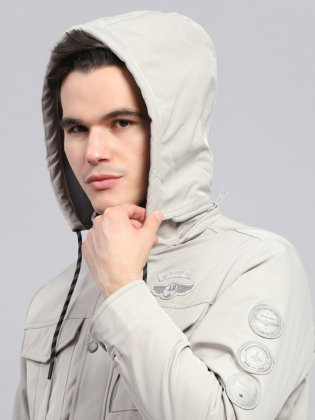 Men Grey Solid Detachable Hood Full Sleeve Jacket