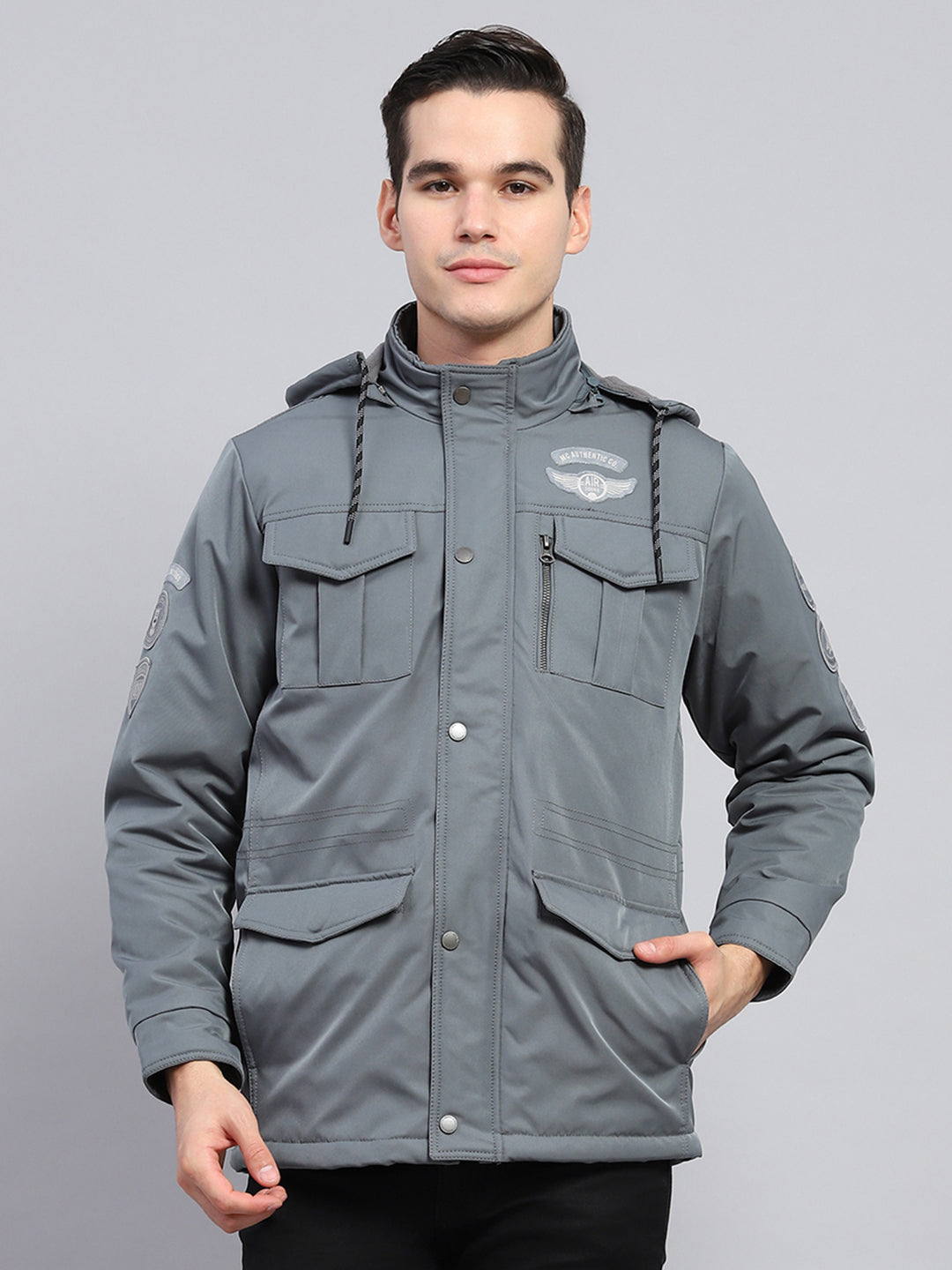 Men Grey Solid Detachable Hood Full Sleeve Jacket