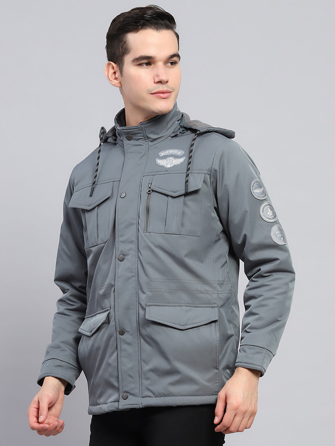 Men Grey Solid Detachable Hood Full Sleeve Jacket
