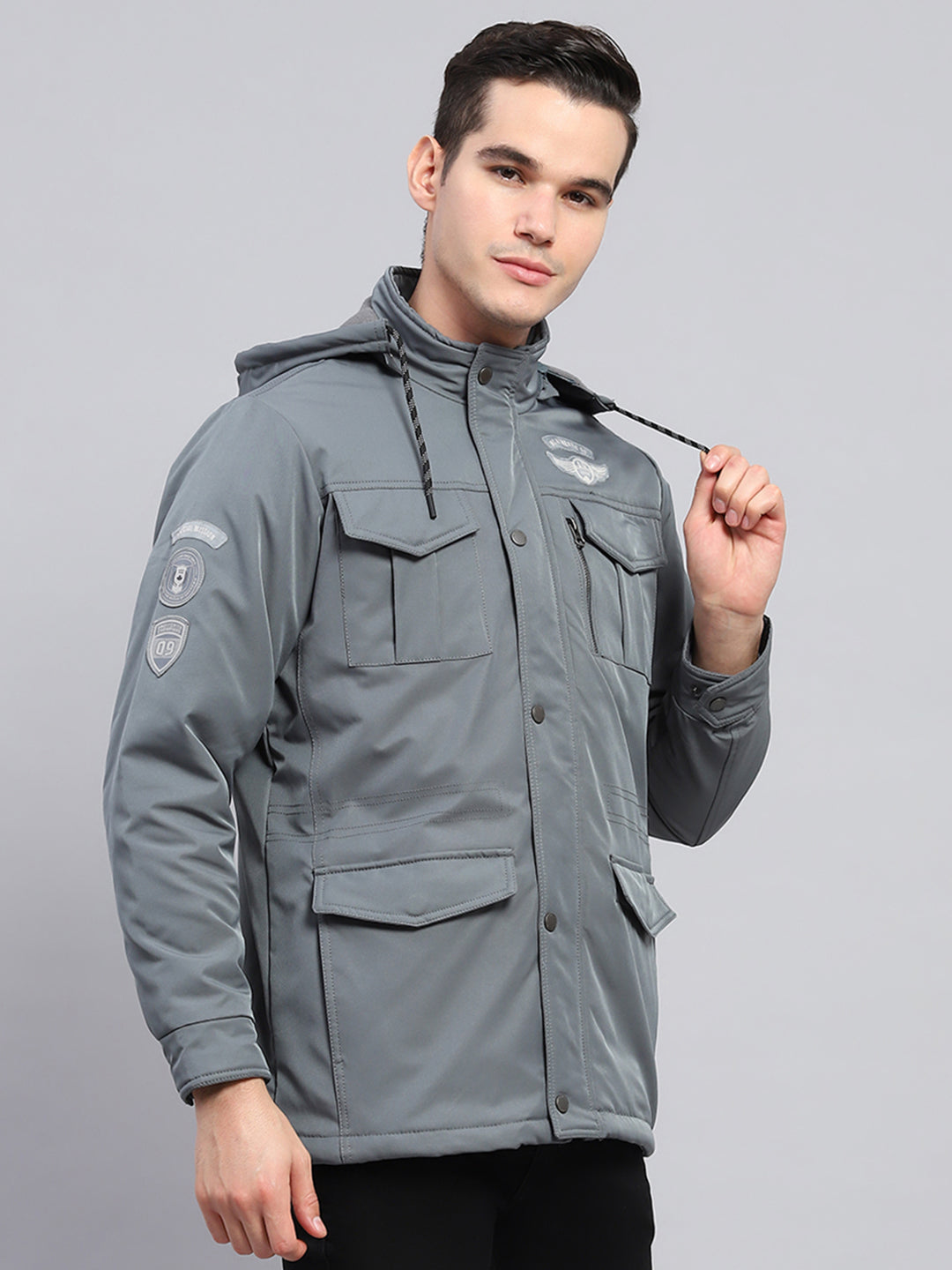 Men Grey Solid Detachable Hood Full Sleeve Jacket