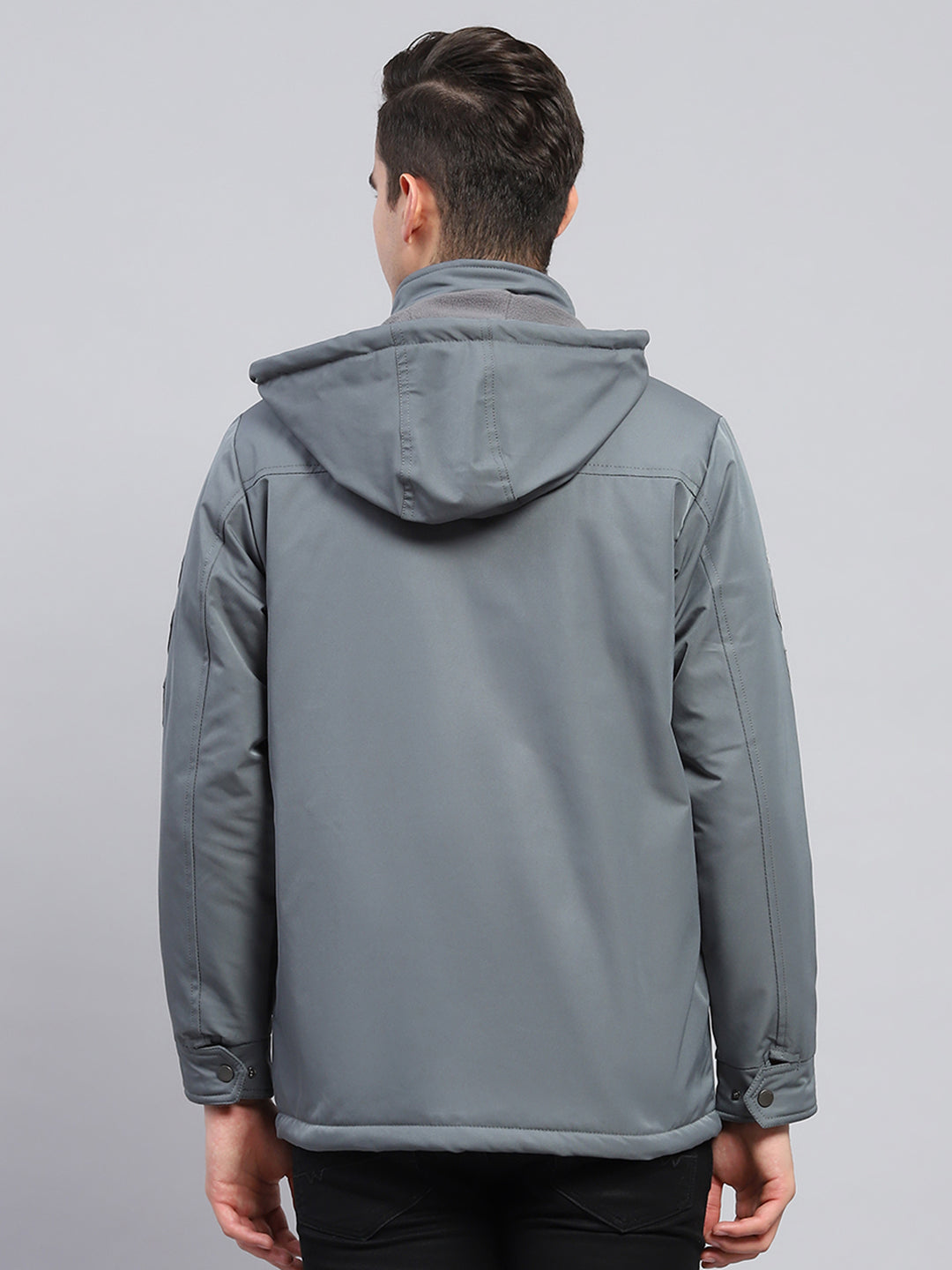 Men Grey Solid Detachable Hood Full Sleeve Jacket