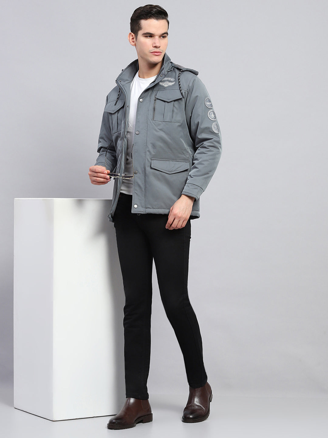 Men Grey Solid Detachable Hood Full Sleeve Jacket