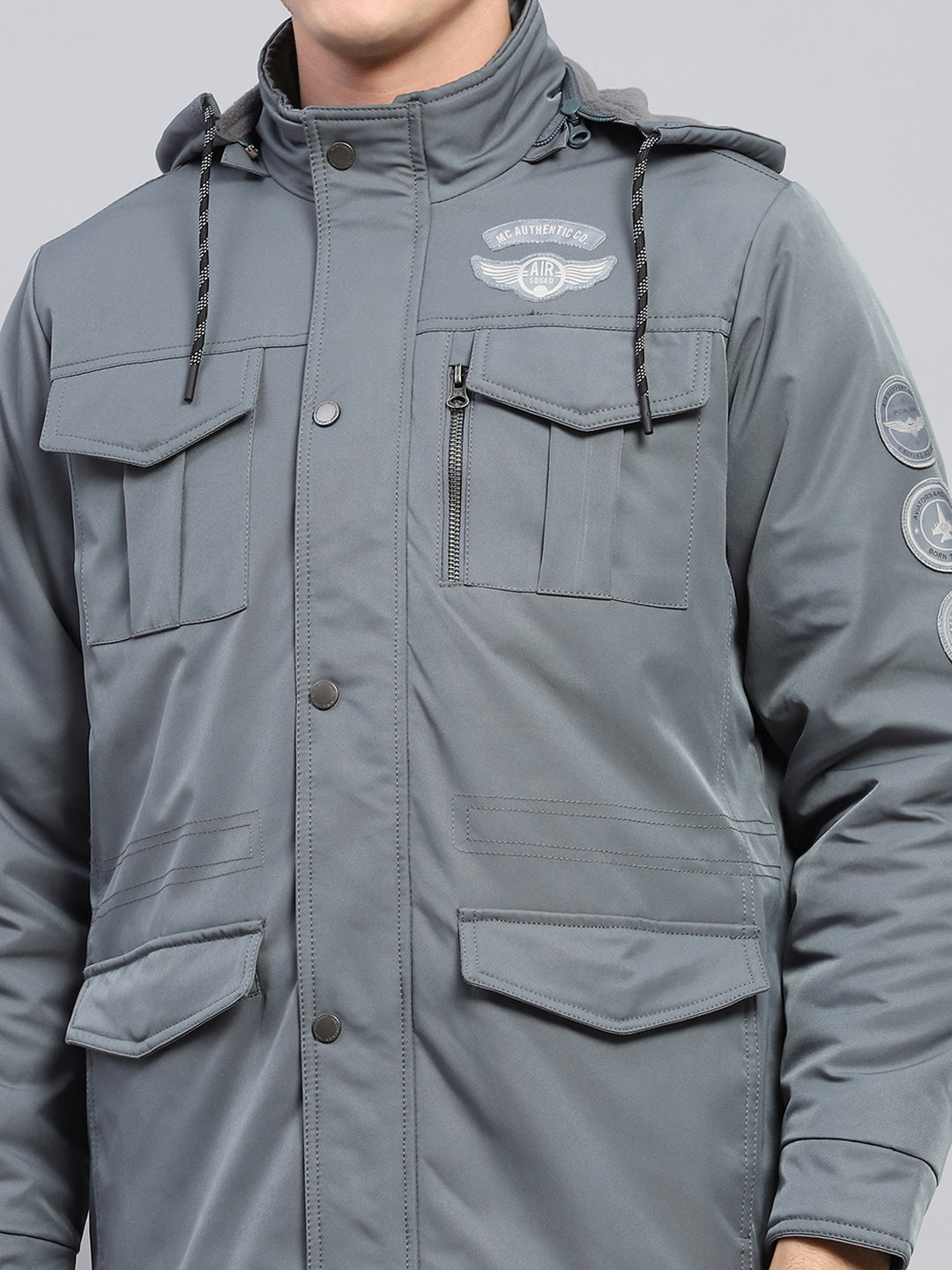 Men Grey Solid Detachable Hood Full Sleeve Jacket