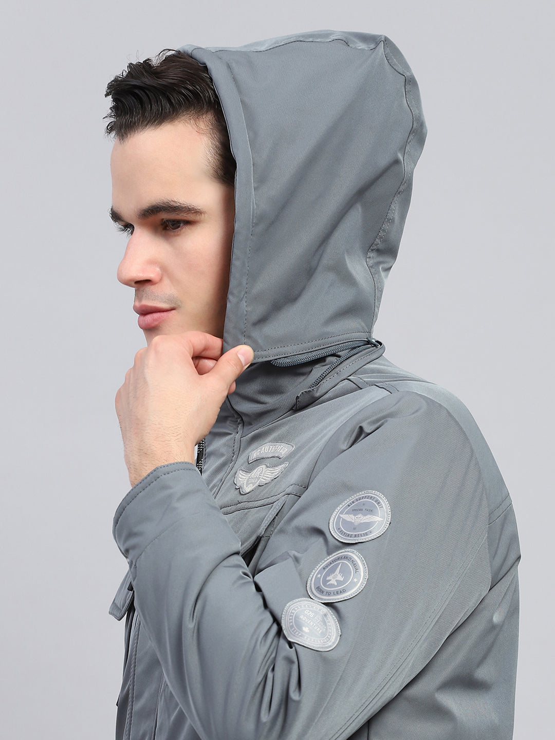 Men Grey Solid Detachable Hood Full Sleeve Jacket
