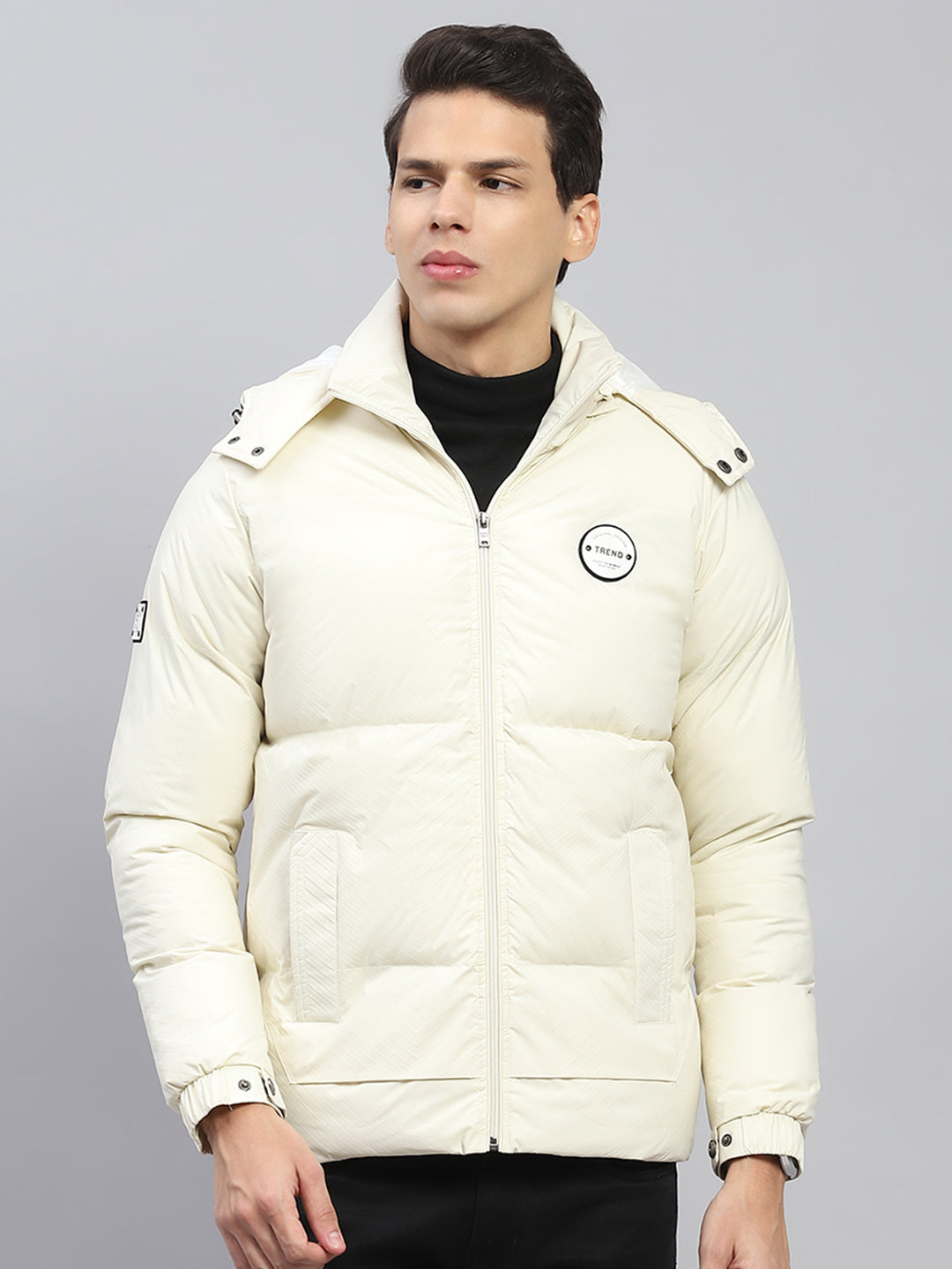 Men Cream Solid Detachable Hood Full Sleeve Jacket