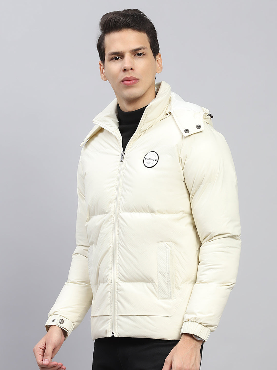 Men Cream Solid Detachable Hood Full Sleeve Jacket