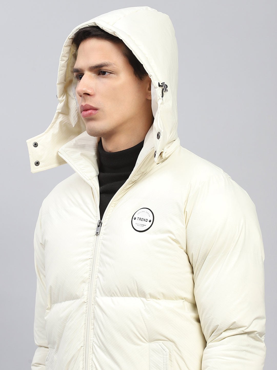 Men Cream Solid Detachable Hood Full Sleeve Jacket