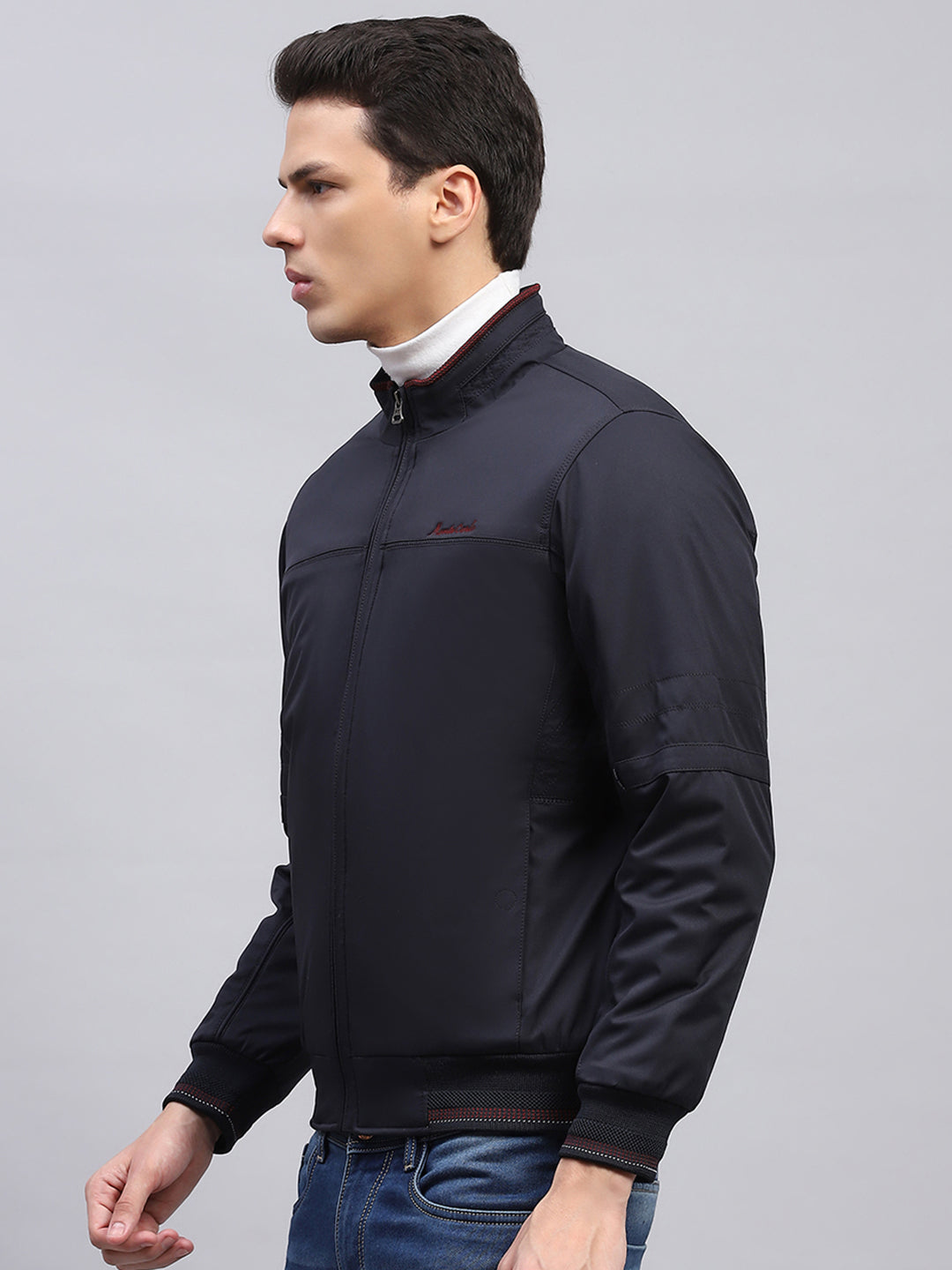 Men Navy Blue Solid Collar Full Sleeve Jacket
