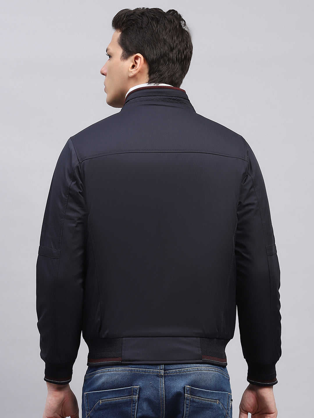 Men Navy Blue Solid Collar Full Sleeve Jacket