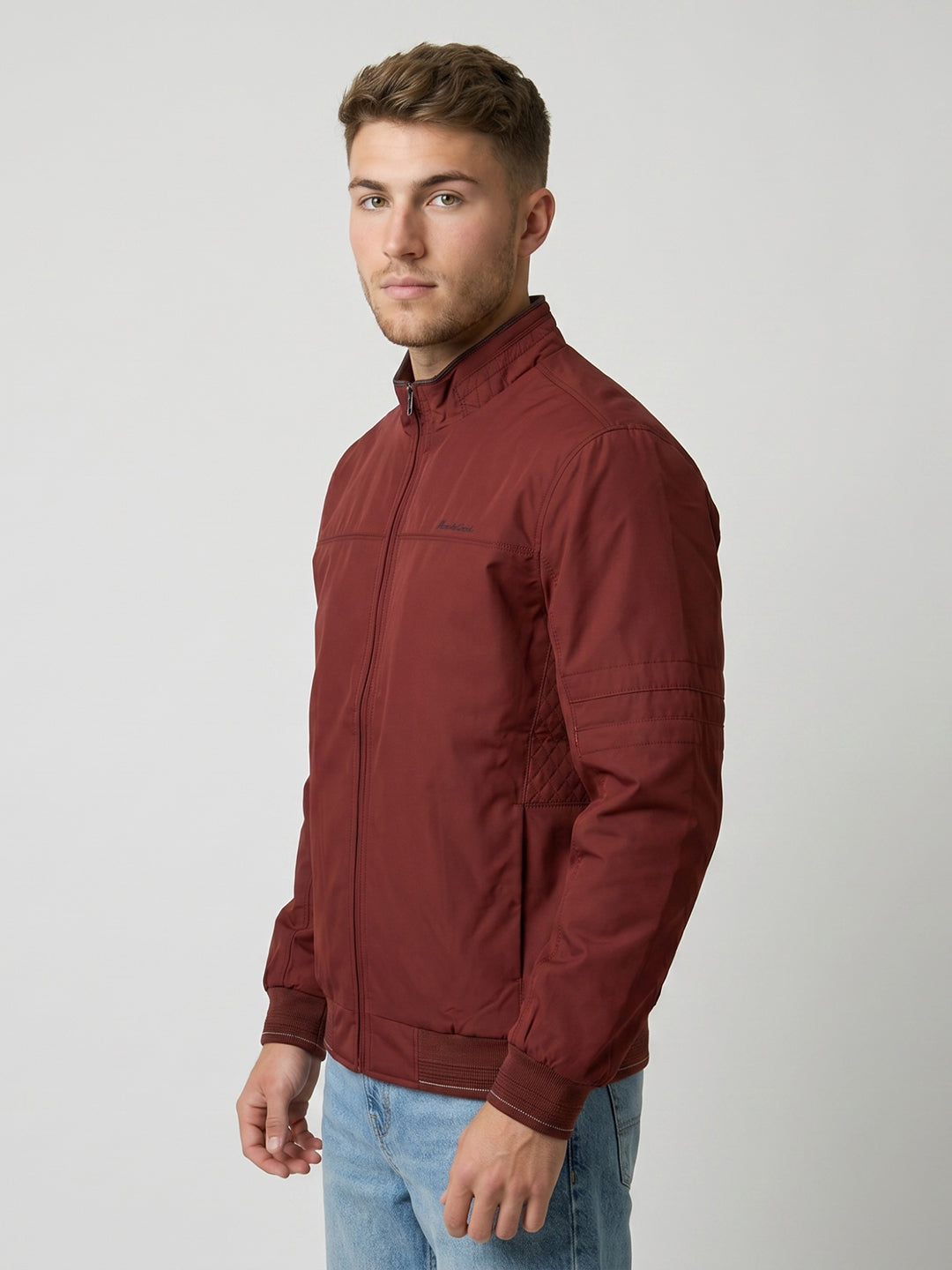 Men Red Solid Stand Collar Full Sleeve Bomber Jacket