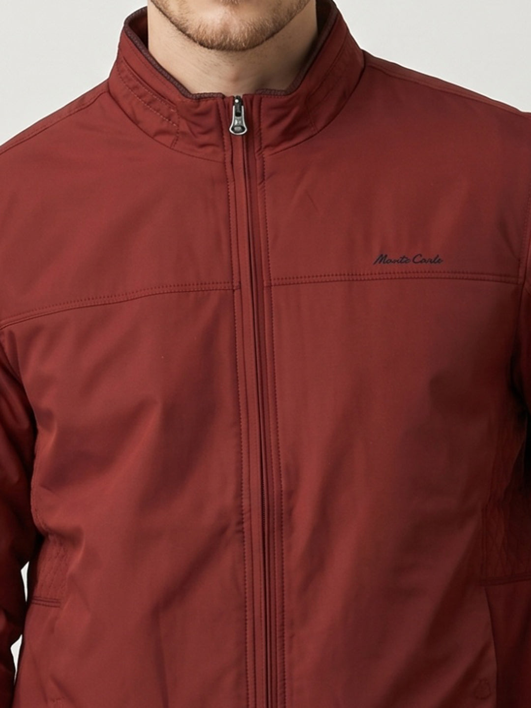 Men Red Solid Stand Collar Full Sleeve Bomber Jacket