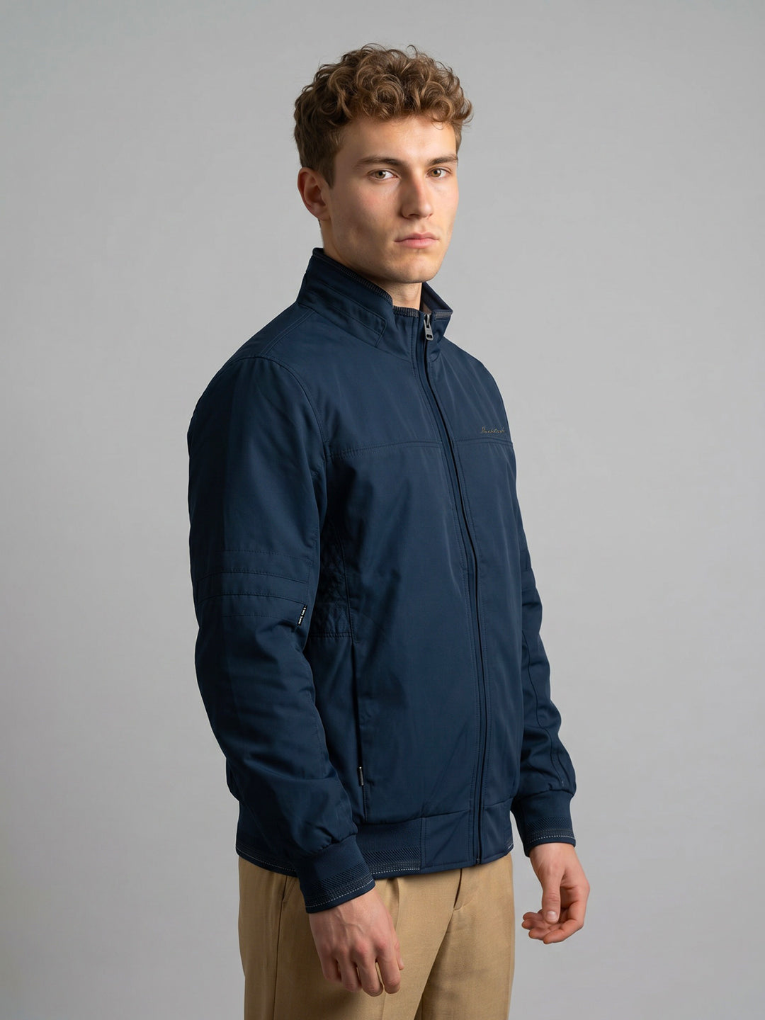 Men Blue Solid Stand Collar Full Sleeve Bomber Jacket