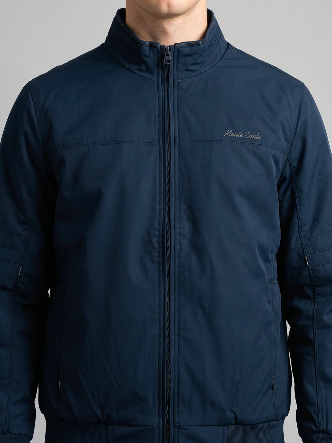 Men Blue Solid Stand Collar Full Sleeve Bomber Jacket
