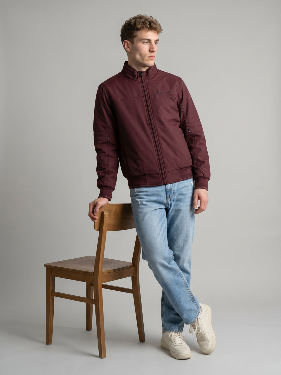 Men Maroon Solid Stand Collar Full Sleeve Bomber Jacket