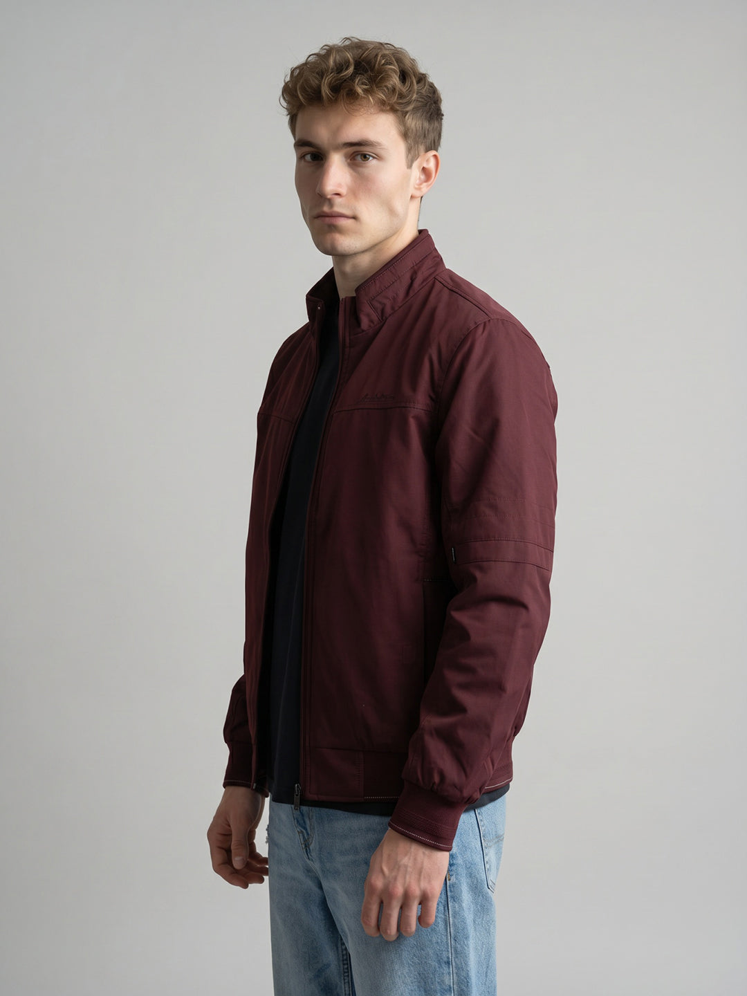 Men Maroon Solid Stand Collar Full Sleeve Bomber Jacket