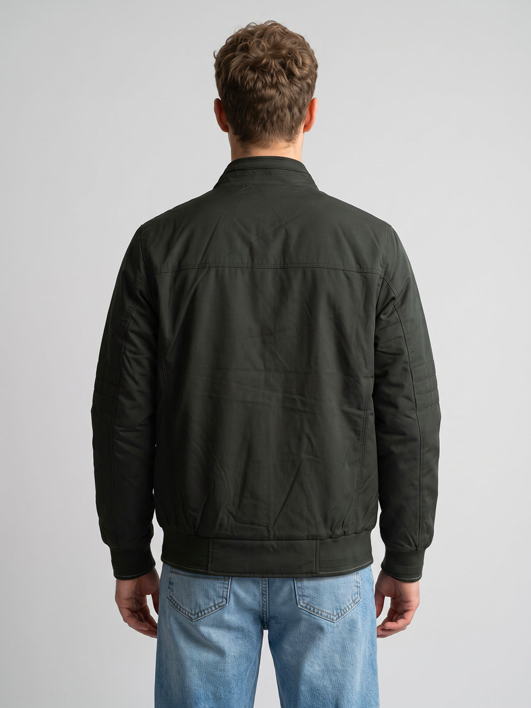 Men Grey Solid Stand Collar Full Sleeve Bomber Jacket