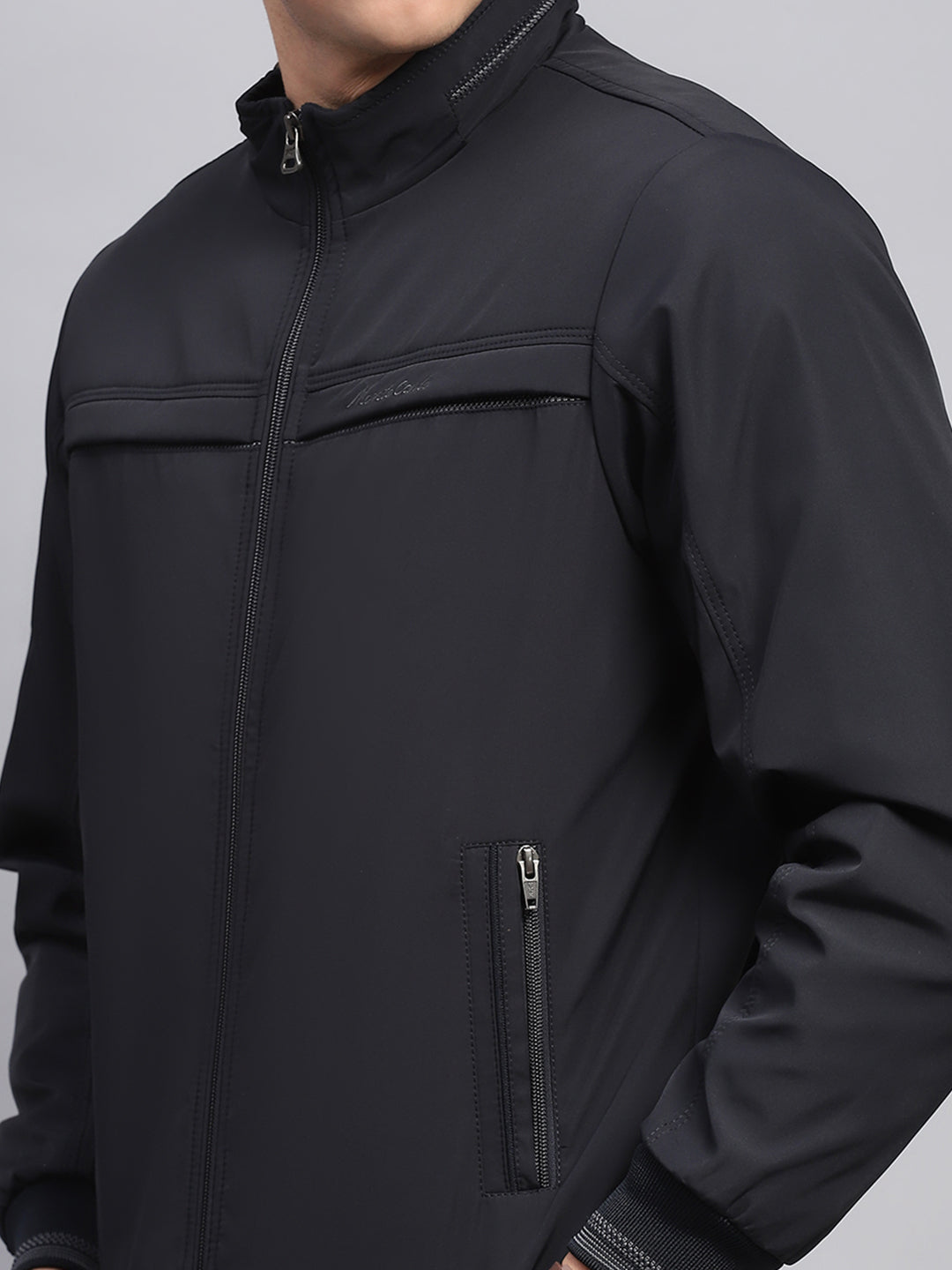 Men Navy Blue Solid Collar Full Sleeve Jacket