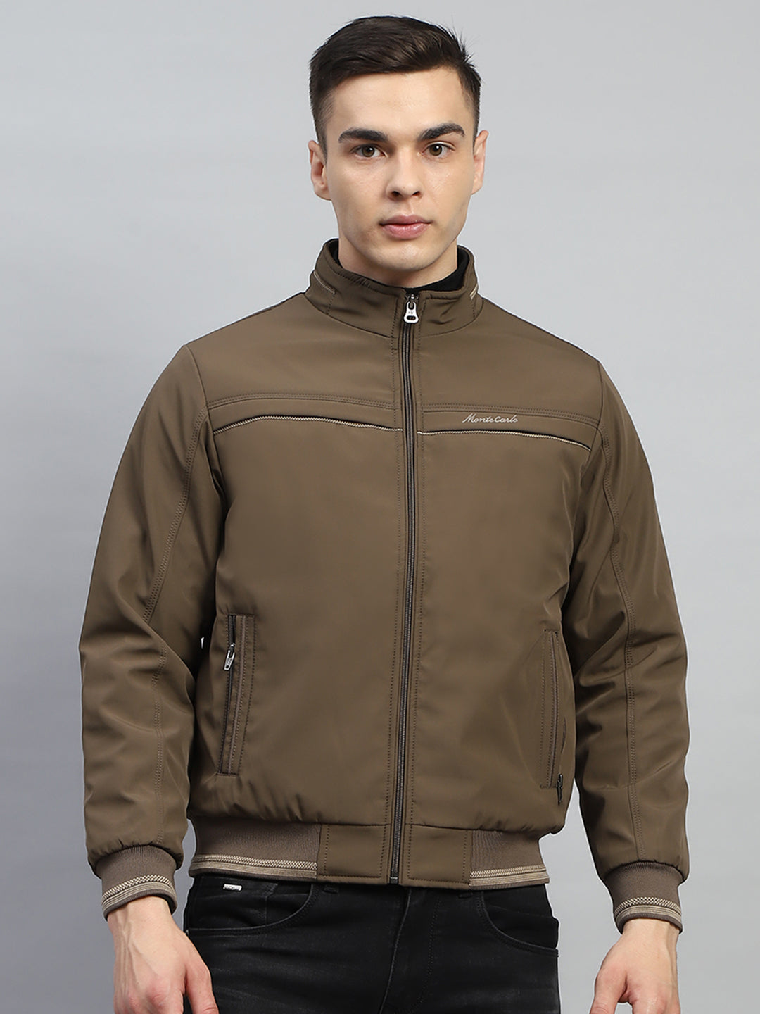 Buy Men Brown Solid Mock Neck Full Sleeve Jacket Online in India