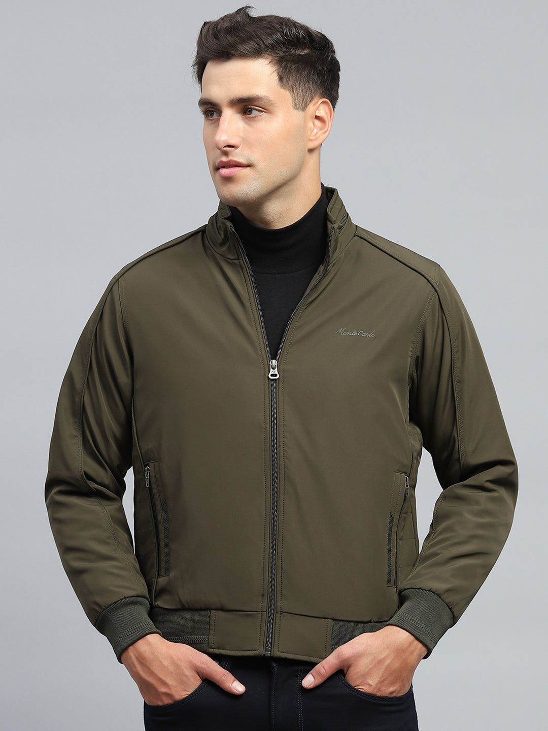 Men Olive Solid Mock Neck Full Sleeve Jacket