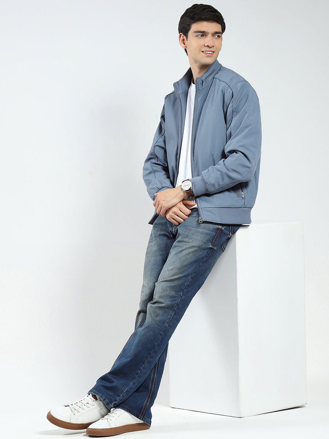 Men Grey Solid Mock Neck Full Sleeve Jacket