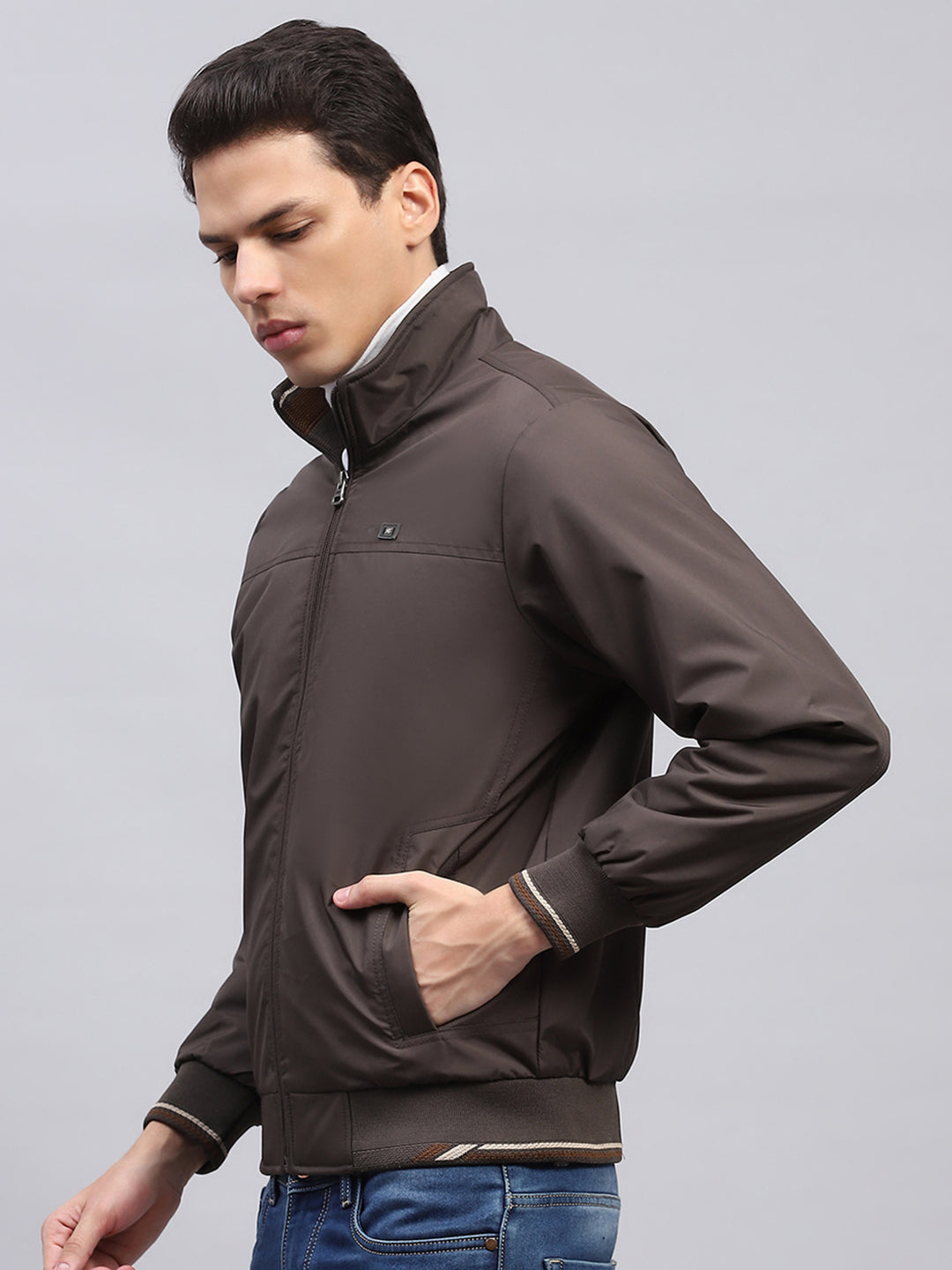 Men Brown Solid Mock Neck Full Sleeve Jacket