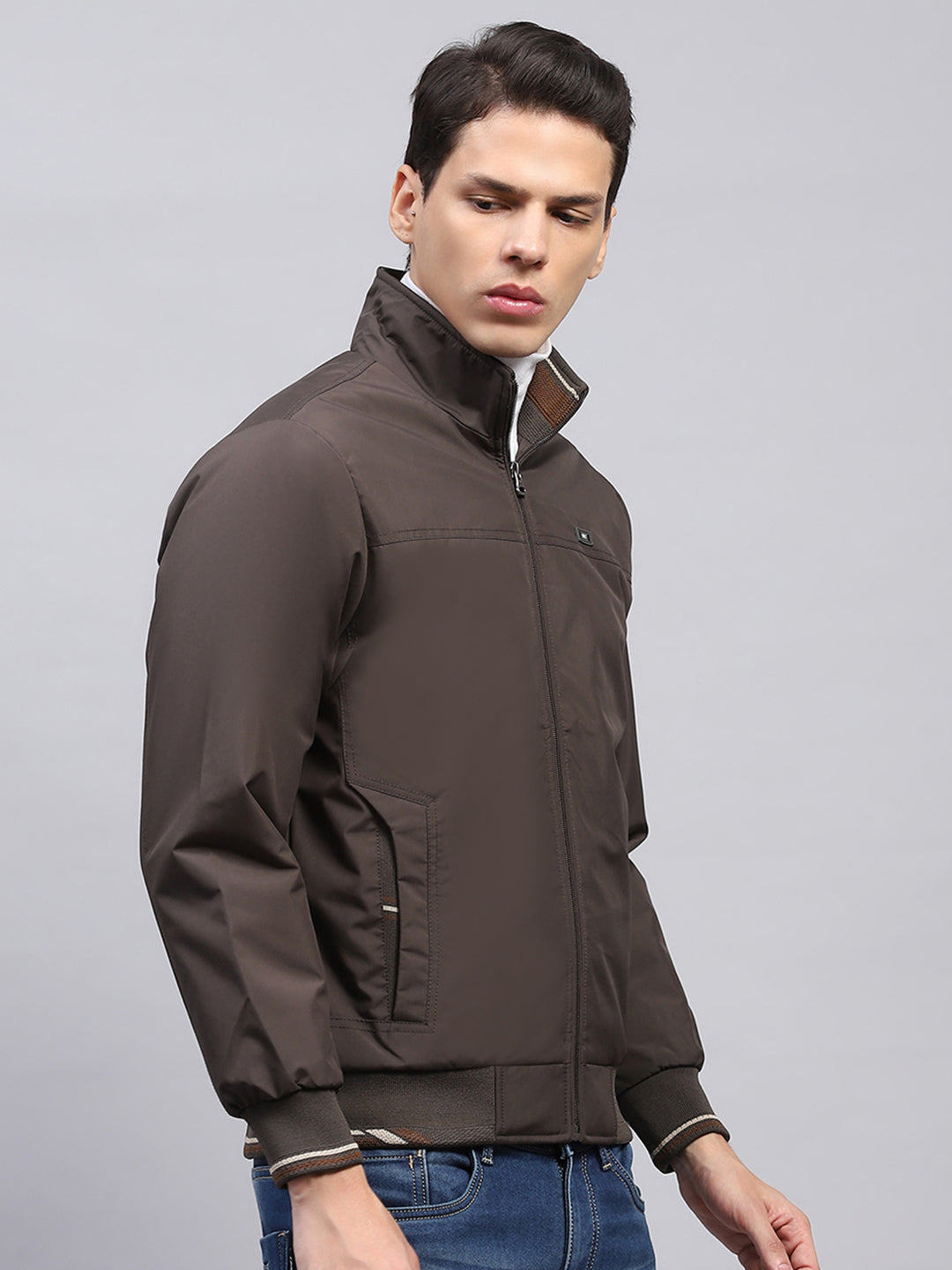 Men Brown Solid Mock Neck Full Sleeve Jacket