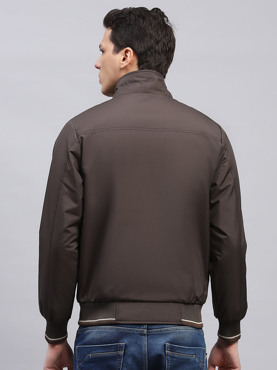 Men Brown Solid Mock Neck Full Sleeve Jacket