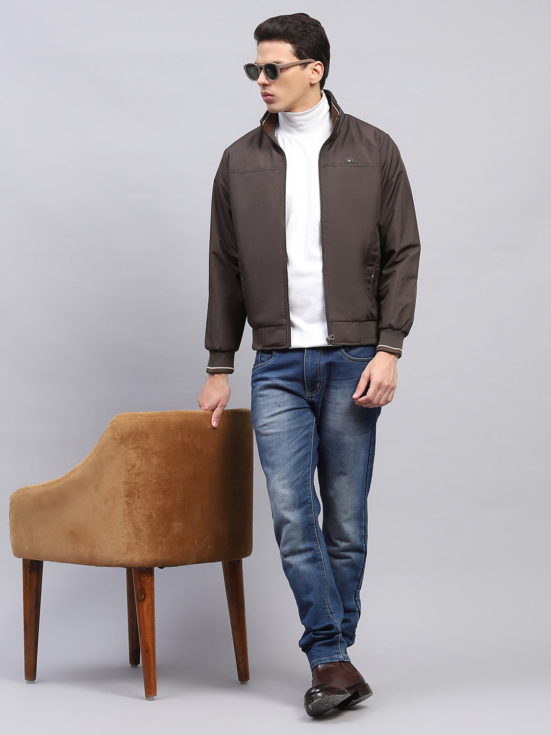 Men Brown Solid Mock Neck Full Sleeve Jacket