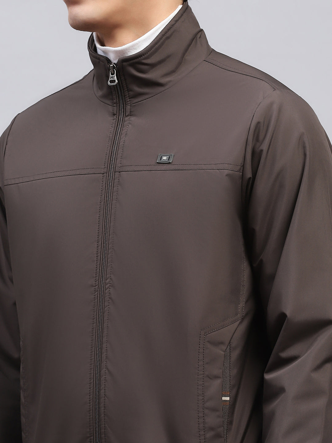 Men Brown Solid Mock Neck Full Sleeve Jacket