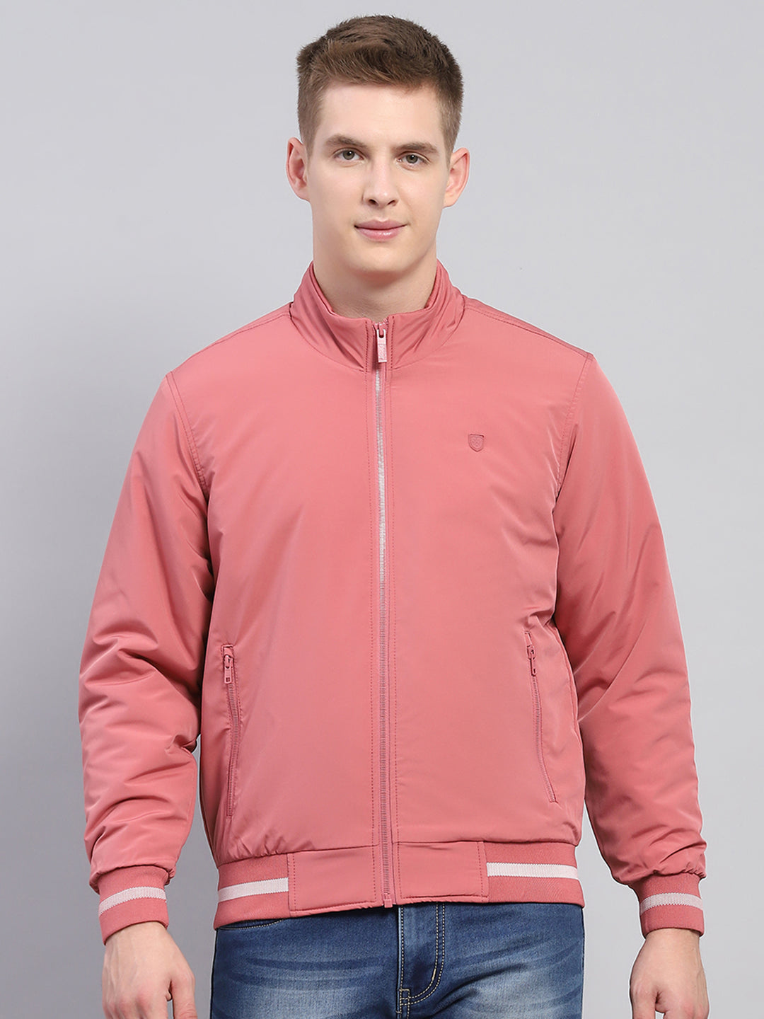 Men Pink Solid Mock Neck Full Sleeve Jacket