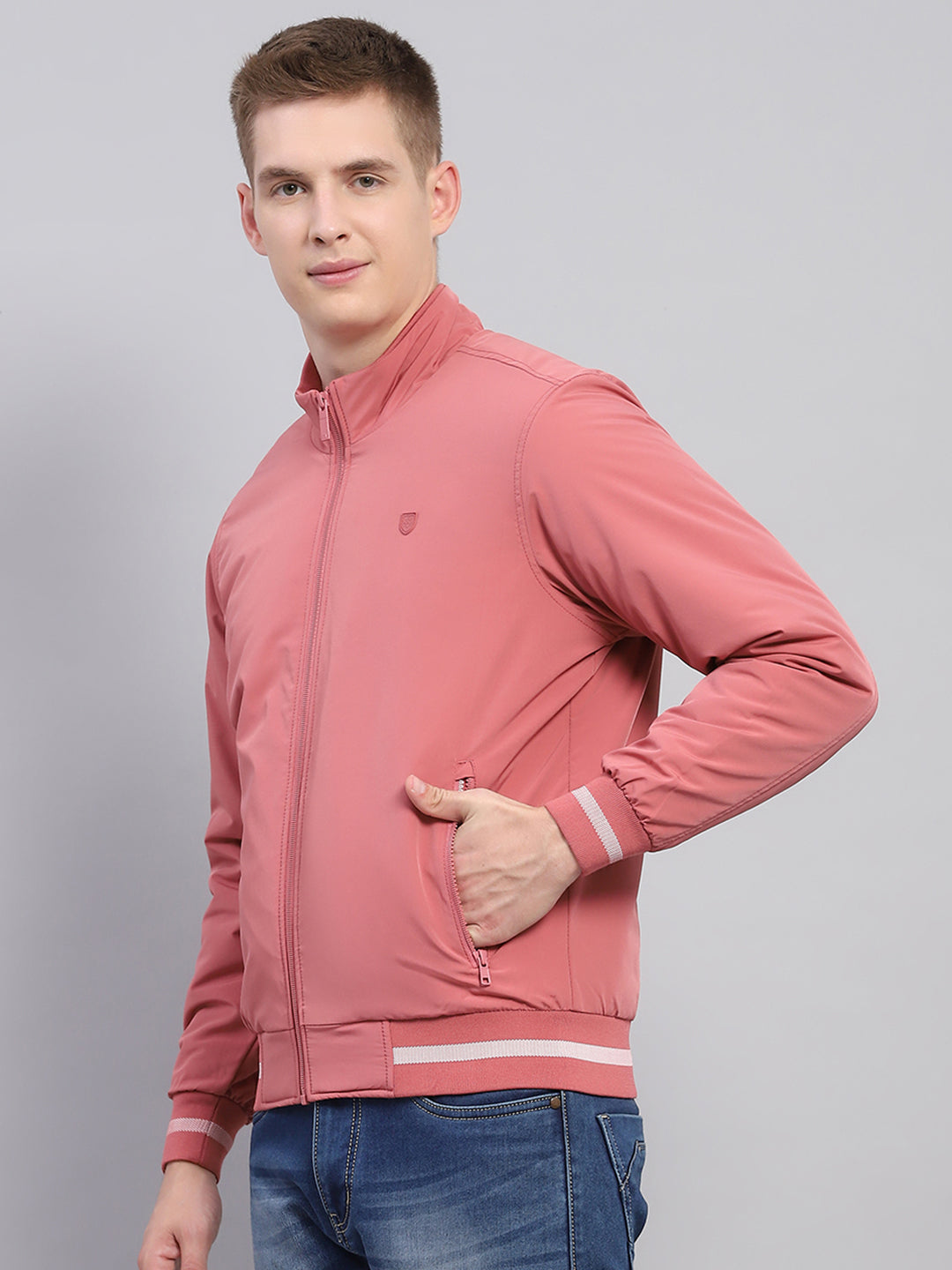 Men Pink Solid Mock Neck Full Sleeve Jacket