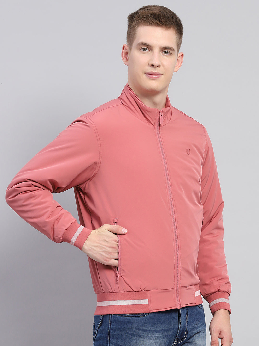 Men Pink Solid Mock Neck Full Sleeve Jacket