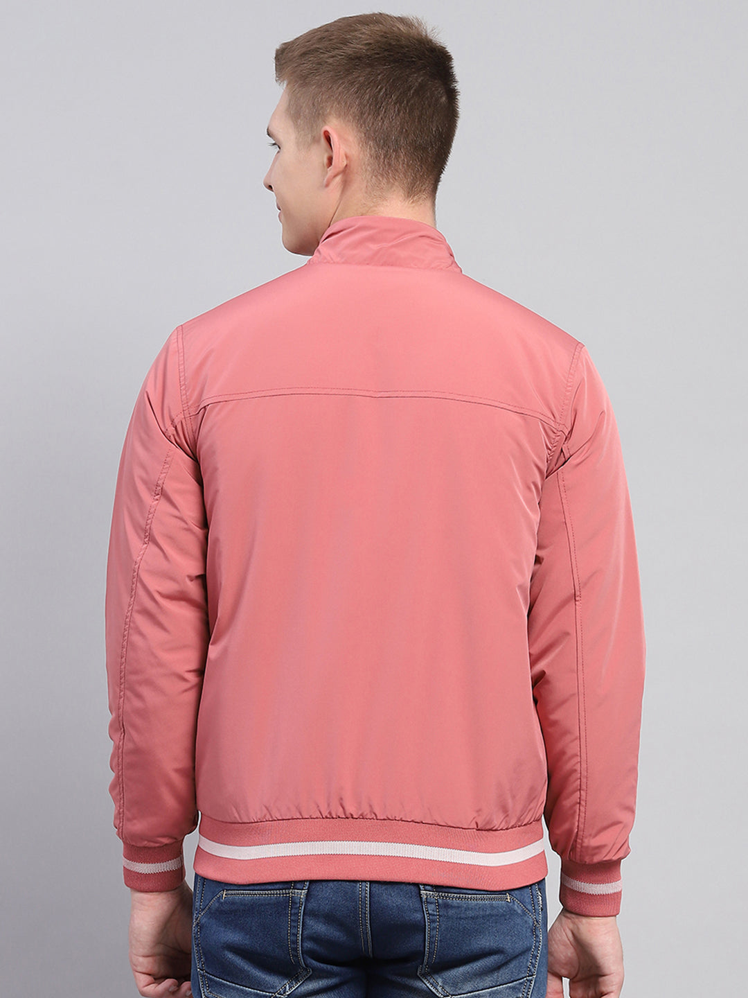 Men Pink Solid Mock Neck Full Sleeve Jacket