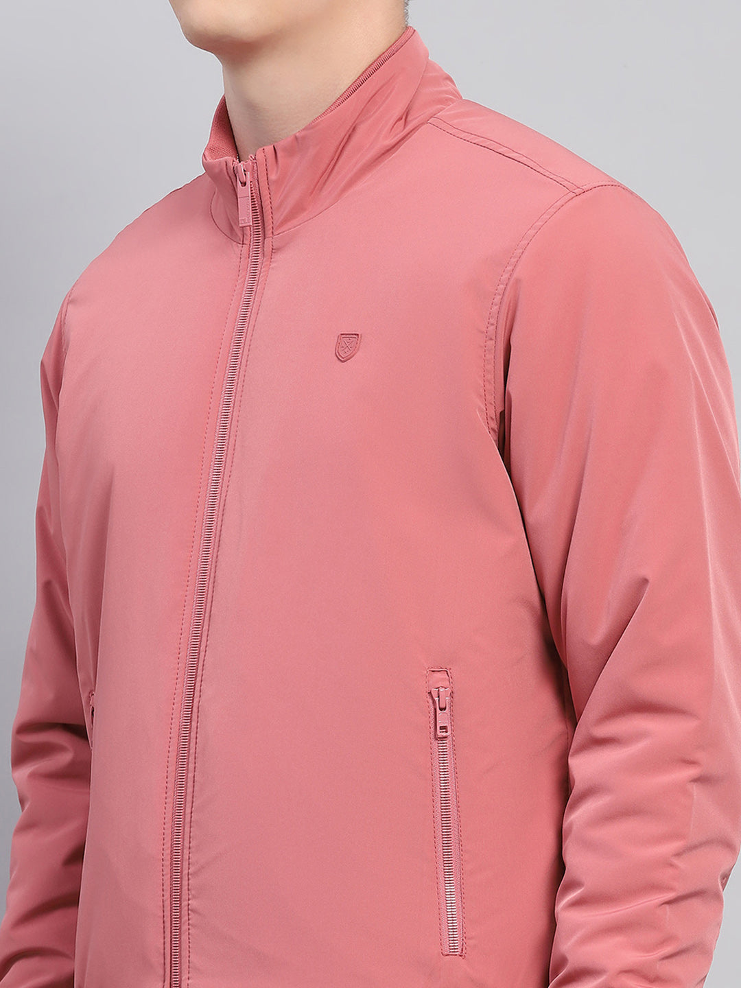 Men Pink Solid Mock Neck Full Sleeve Jacket