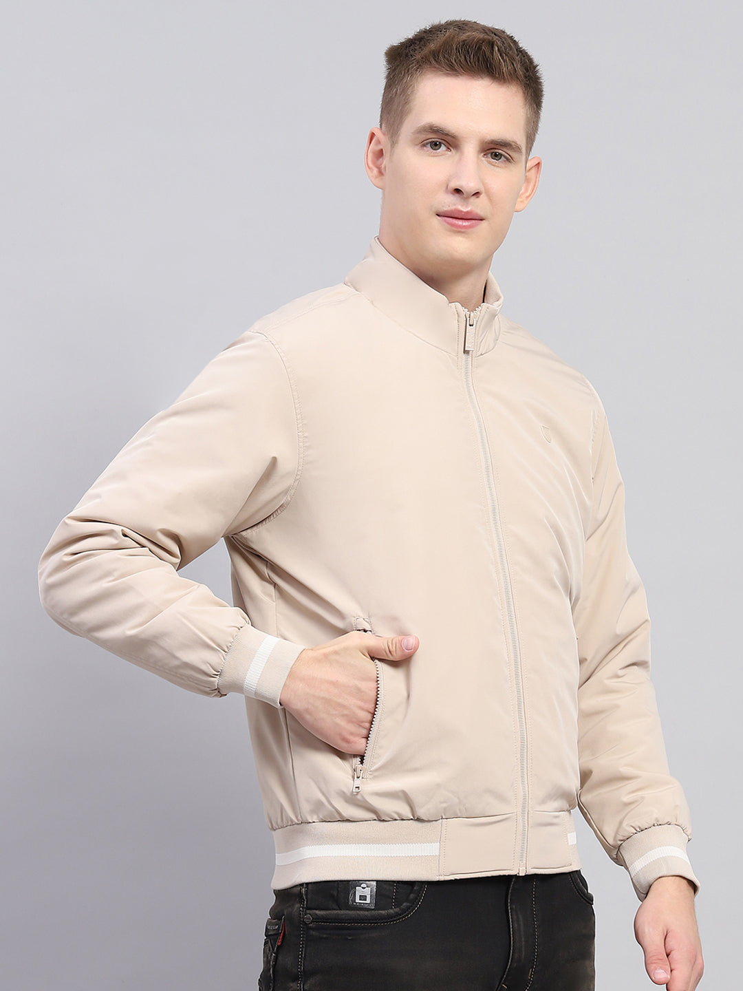 Men Beige Solid Mock Neck Full Sleeve Jacket