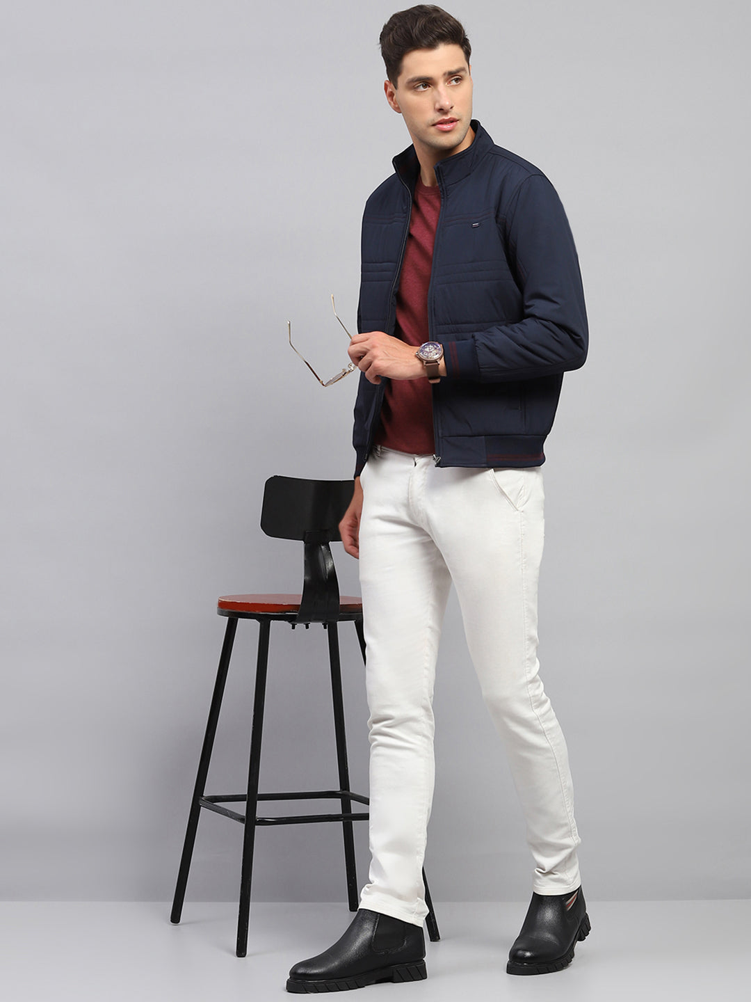 Men's Mock Collar Navy Blue Solid Bomber Jacket comes with Detachable Hoodie main image 1