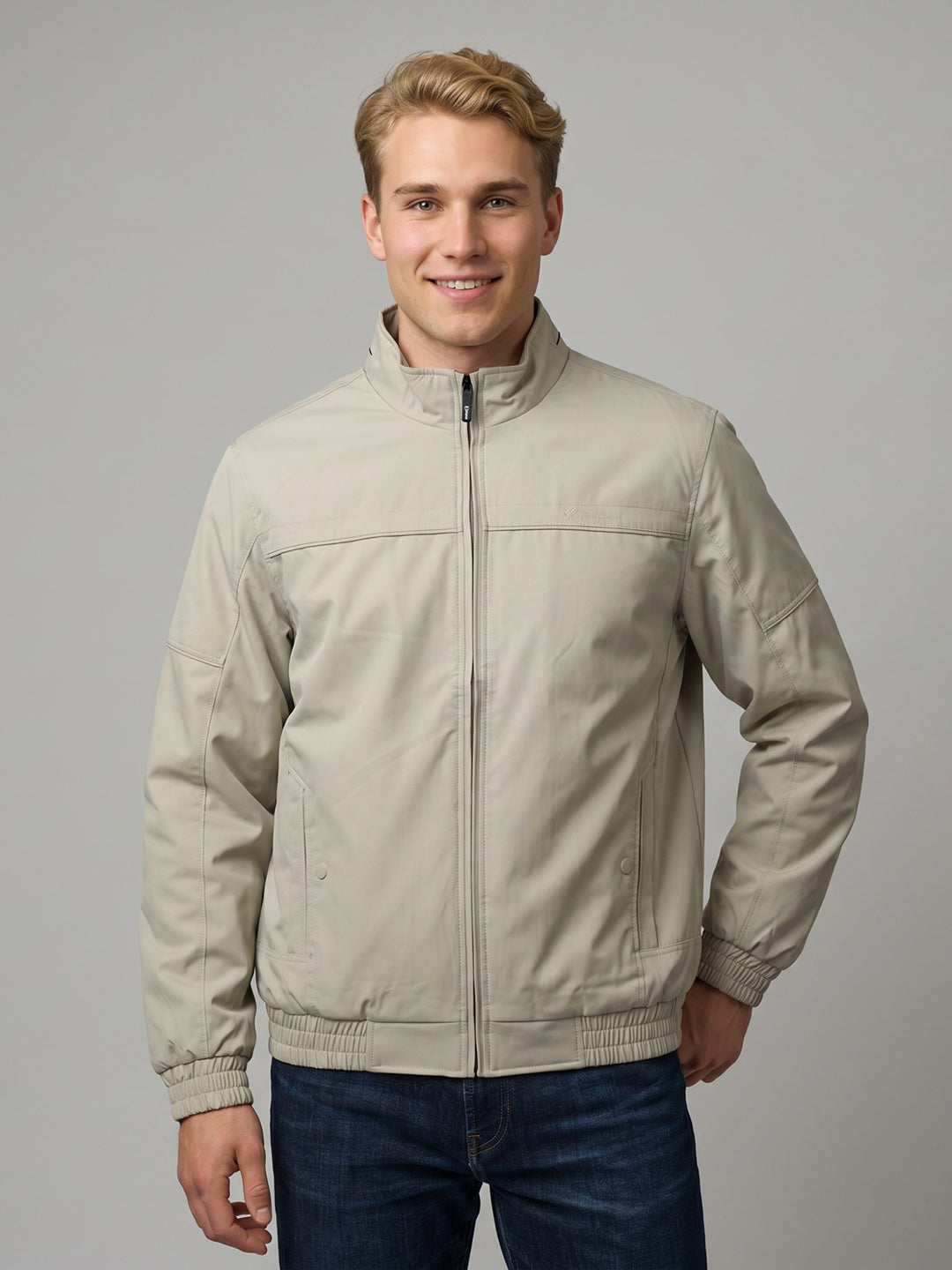 Men Beige Solid Collar Bomber Jacket with Magnetic Pocket
