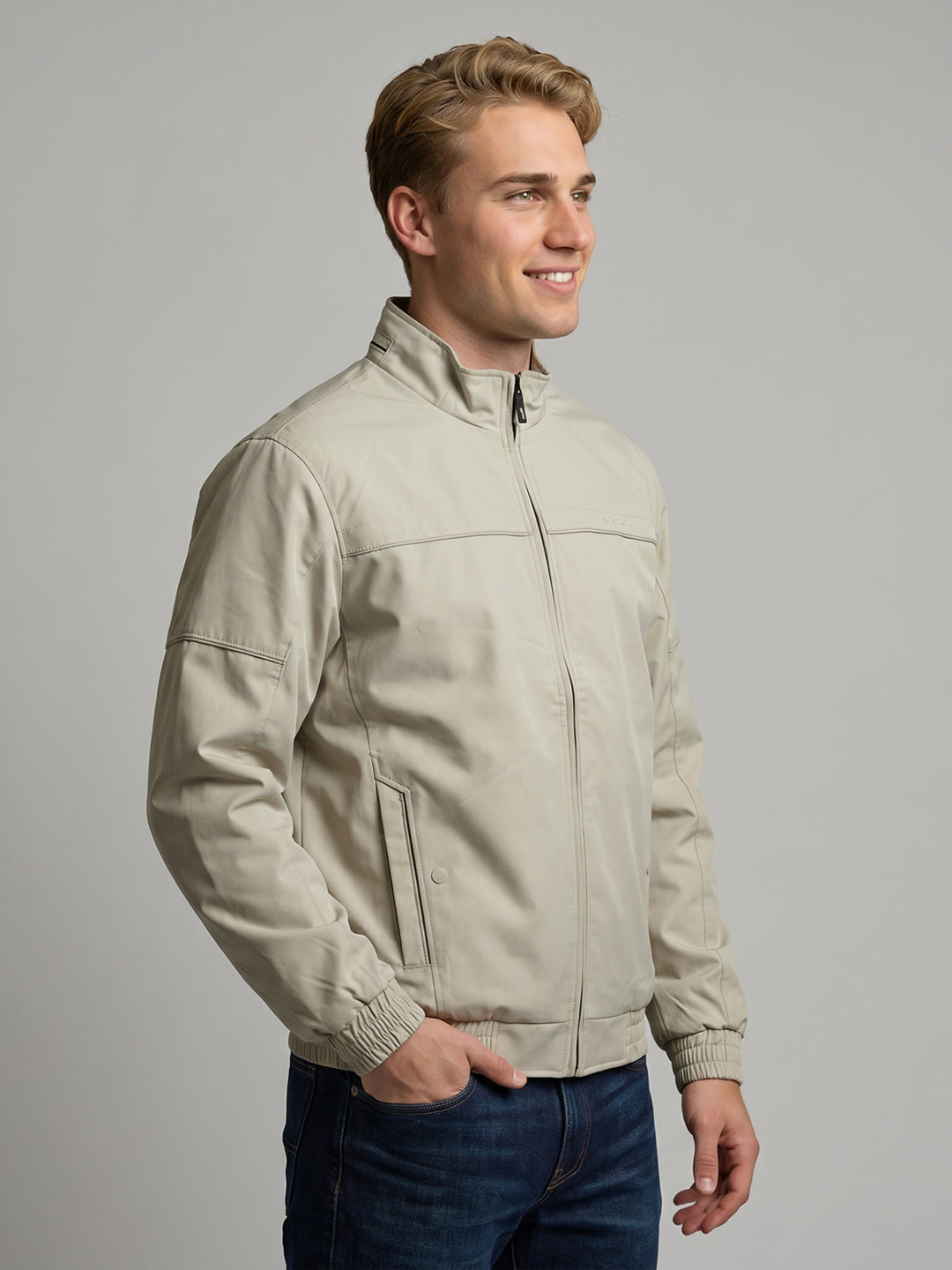 Men Beige Solid Collar Bomber Jacket with Magnetic Pocket
