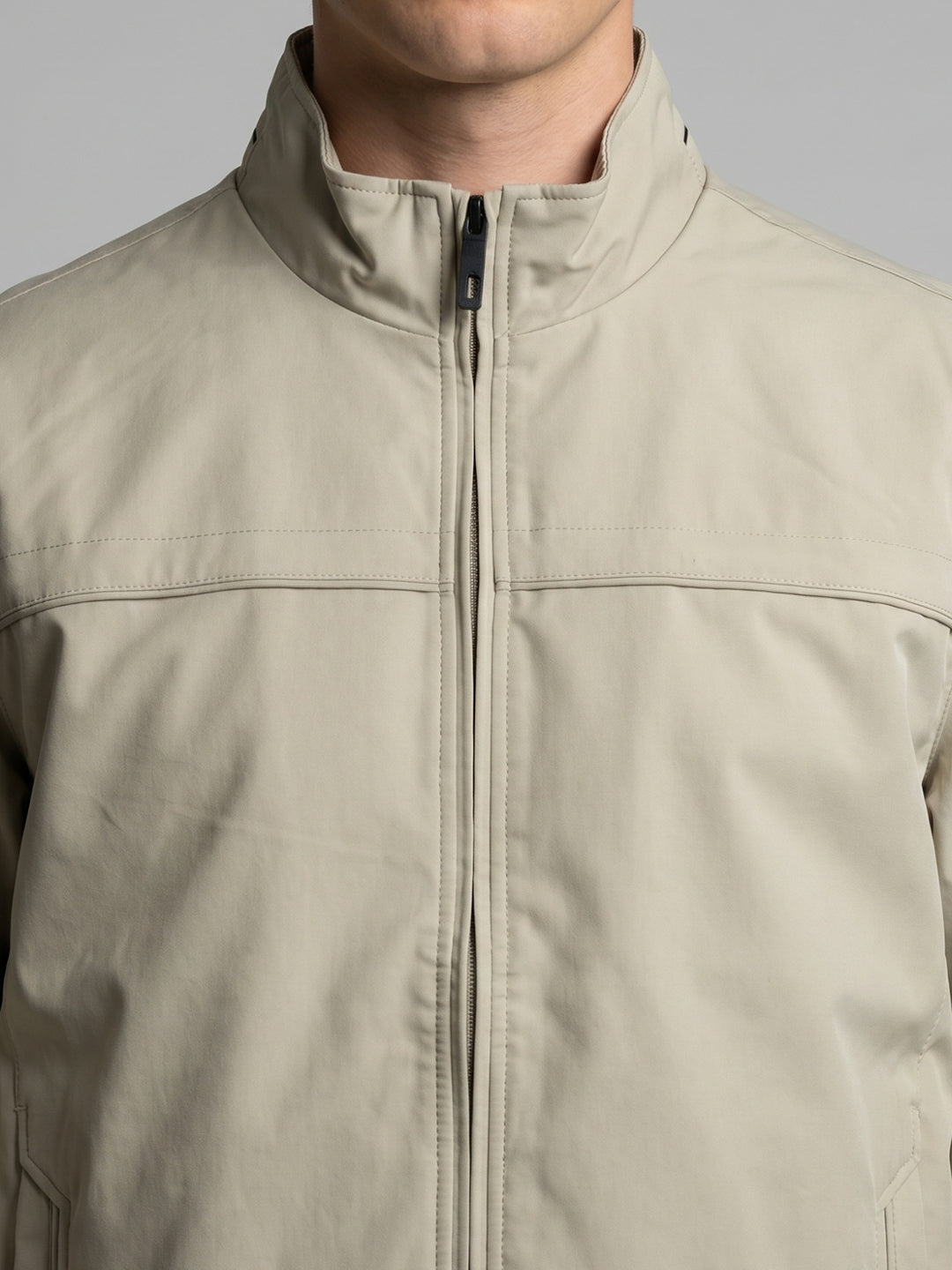 Men Beige Solid Collar Bomber Jacket with Magnetic Pocket