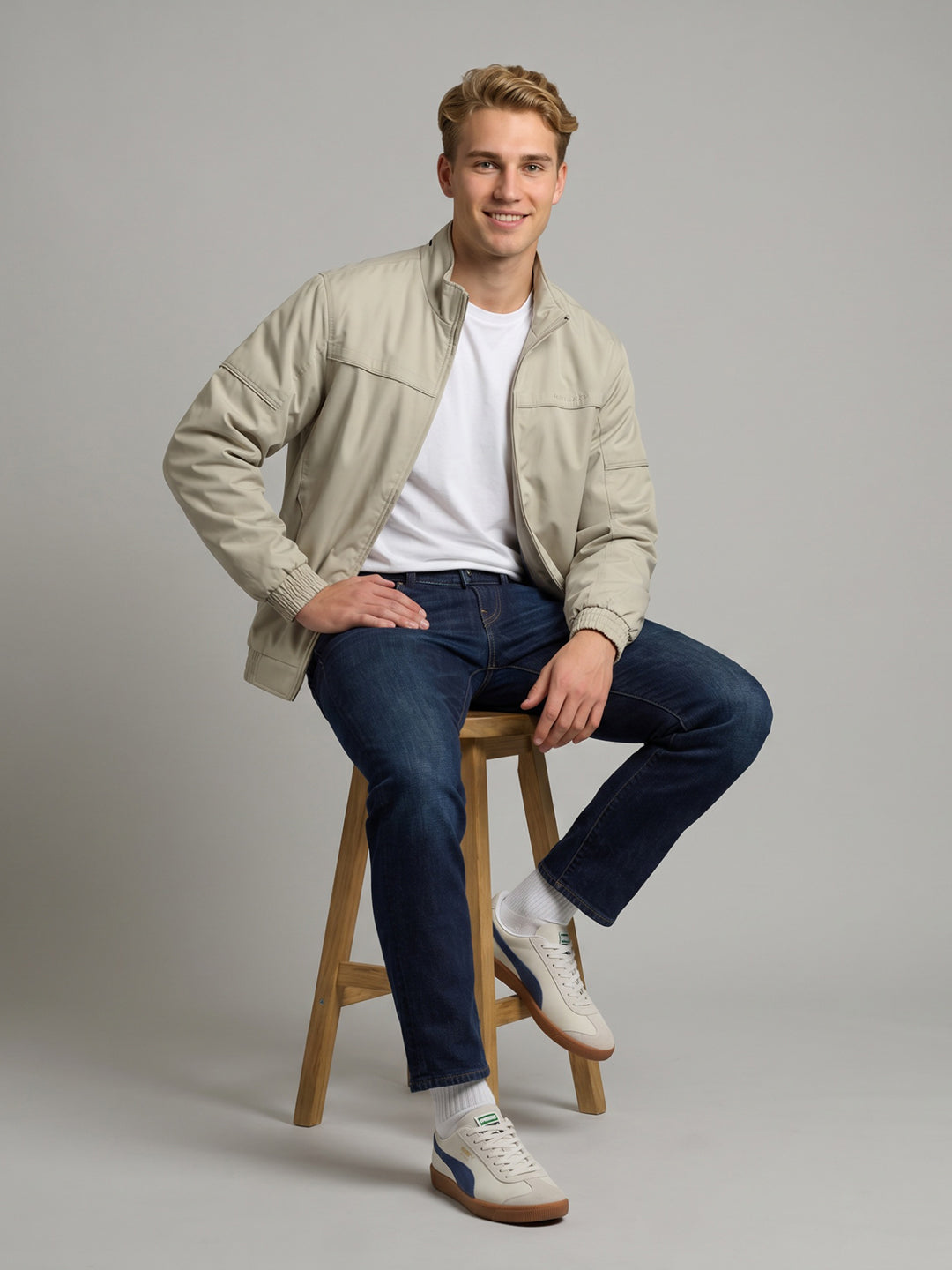 Men Beige Solid Collar Bomber Jacket with Magnetic Pocket