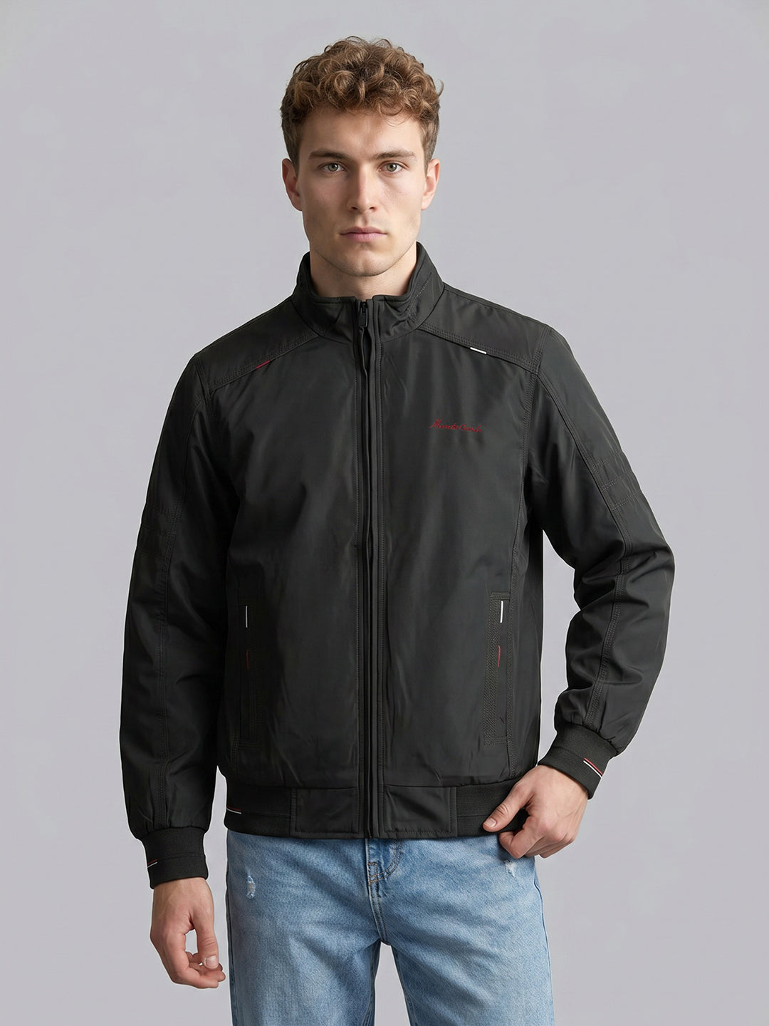 Men Olive Solid Stand Collar Full Sleeve Bomber Jacket