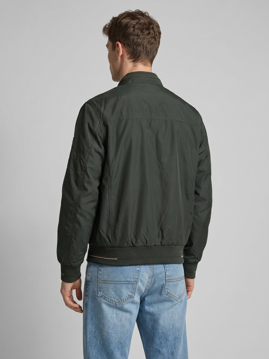 Men Olive Solid Stand Collar Full Sleeve Bomber Jacket