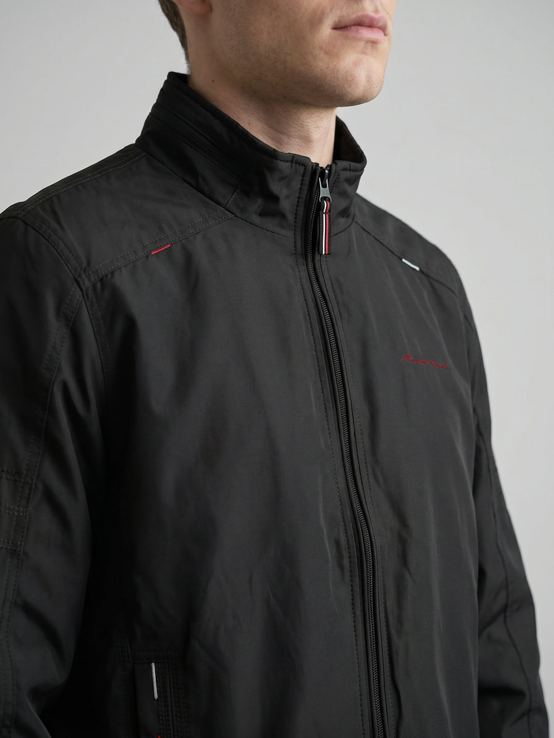Men Olive Solid Stand Collar Full Sleeve Bomber Jacket