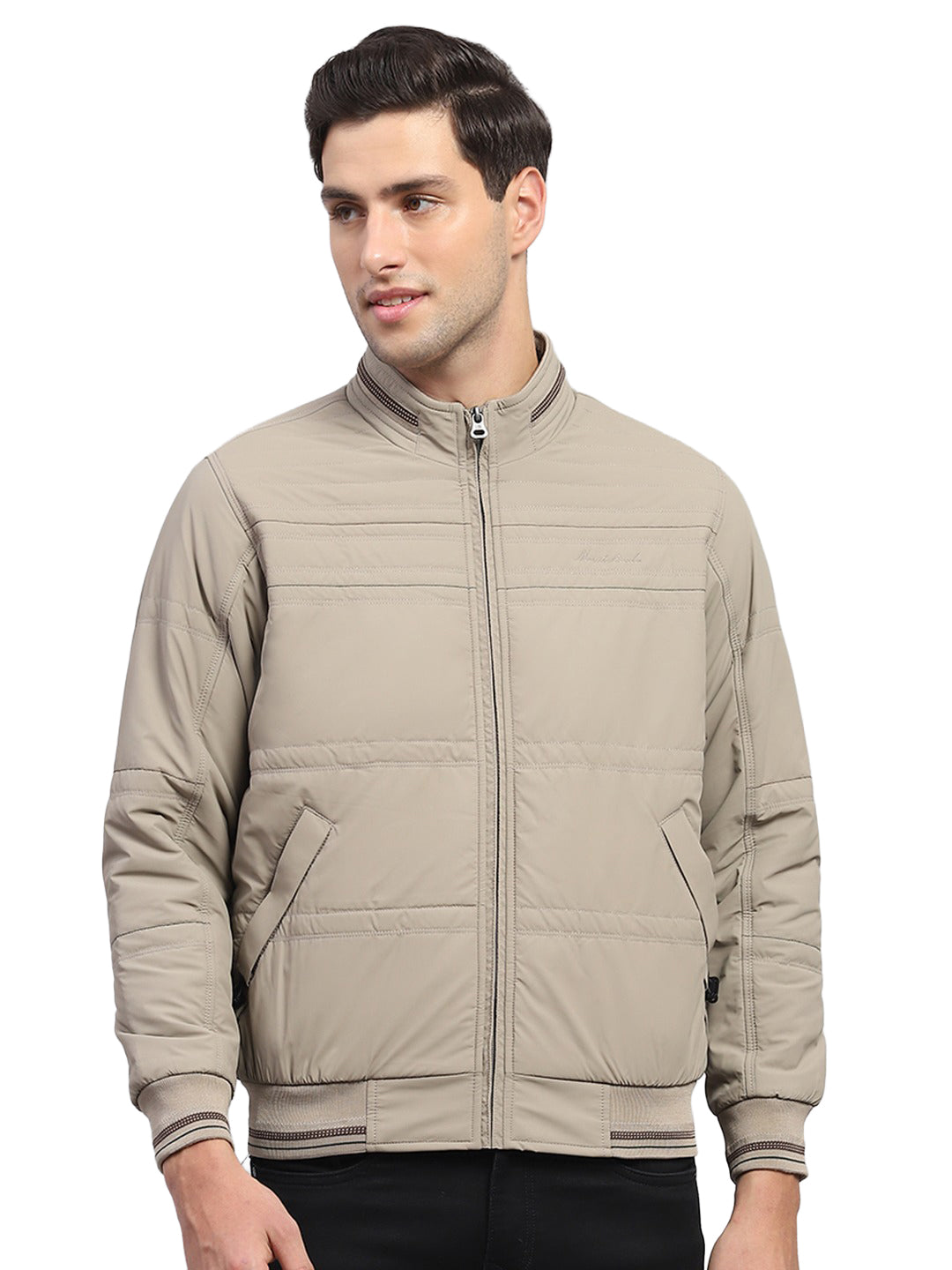 Men Beige Solid Collar Full Sleeve Jacket
