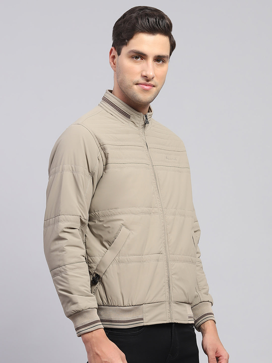 Men Beige Solid Collar Full Sleeve Jacket